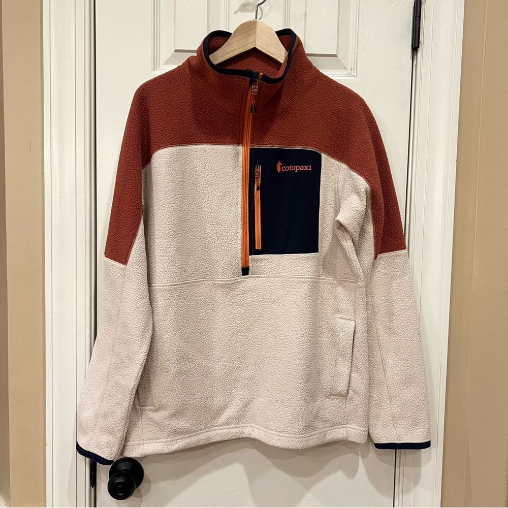 Cotopaxi Men’s Abrazo Fleece Half-Zip Pullover Jacket Medium Orange Navy Cream
